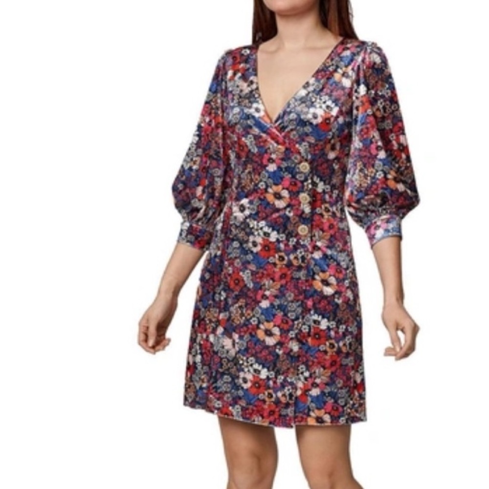 Sage Multicolored Velvet Floral Short Puffy Sleeve 3 Front Buttons Shift Dress S